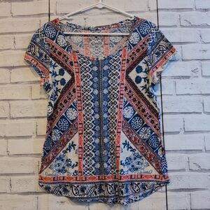 Lucky Brand Women's Size S Knit Top Tee Red White Blue Short Sleeve Boho Peasant